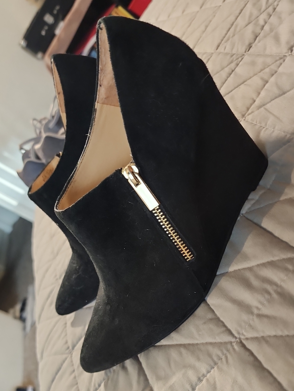 Jessica Simpson Black Suede Wedge Ankle Booties with Gold Zip Accent